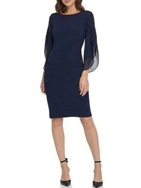 NWT DKNY Womens Size 12 Navy Tiered Chiffon Sleeve Knee-Length Sheath Dress NEW
